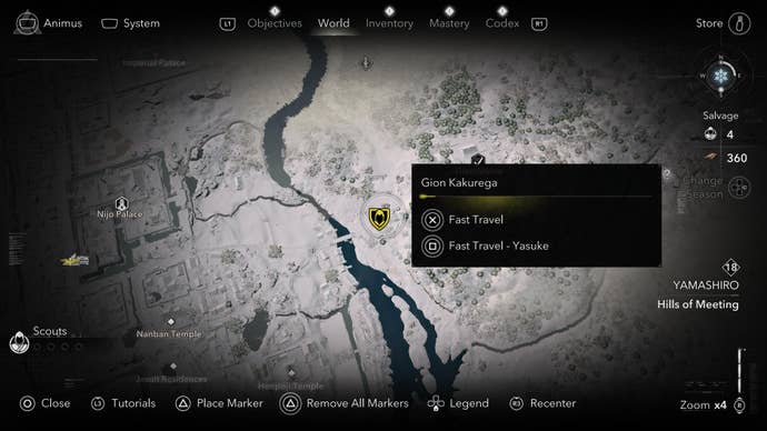 Part of the Assassin’s Creed Shadows map, with the player’s cursor hovered over a fast travel point and showing the option to switch characters.