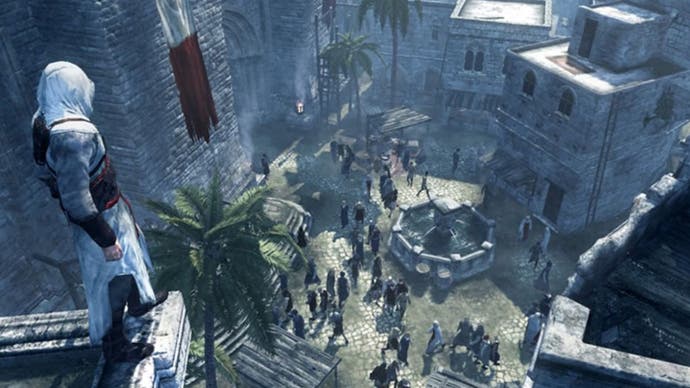 The assassin Altair standing on a historic building, looking down at the citizens of the Holy Land below in the original Assassin's Creed.