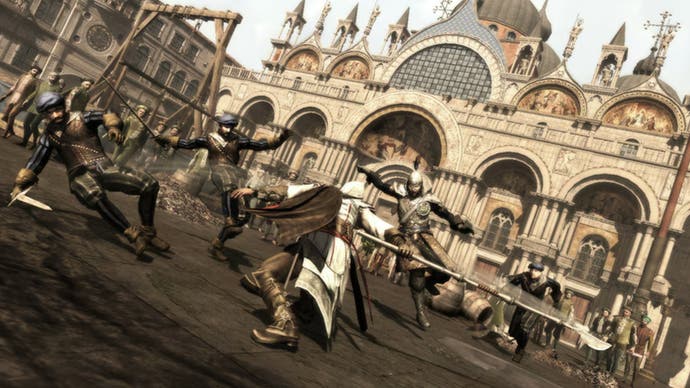 Ezio fighting a large group of enemies in Renaissance era Italy in Assassin's Creed 2.