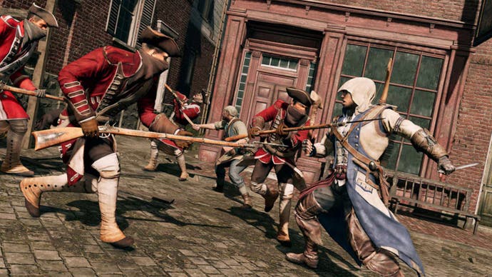 The half-Mohawk assassin Connor fighting a group of enemies in Colonial America in Assassin's Creed 3.