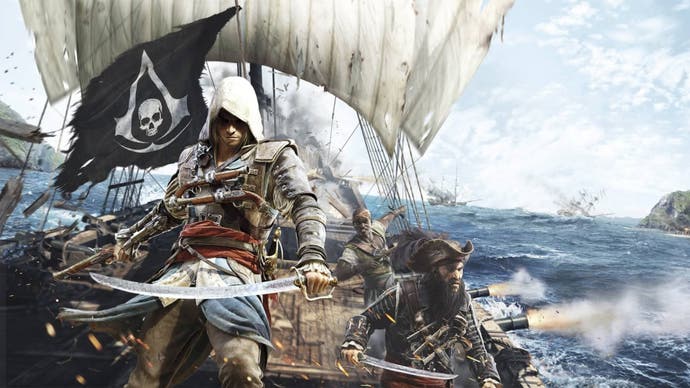 Artwork for Assassin's Creed Black Flag, showing the assassin Edward Kenway onboard a pirate ship.