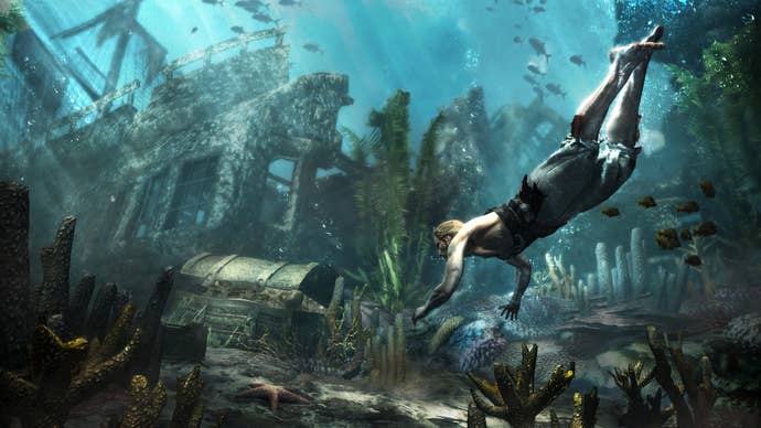 Edward Kenway diving for treasure adjacent a shipwreck connected Assassin's Creed Black Flag.
