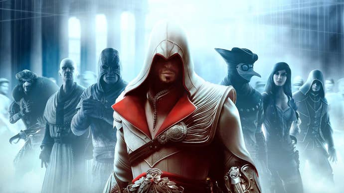 Ezio along with other characters in promotional artwork for Assassin's Creed Brotherhood.