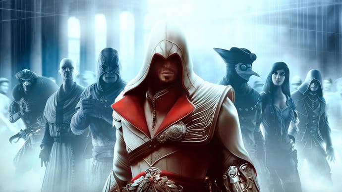 Ezio along with other characters in promotional artwork for Assassin's Creed Brotherhood.