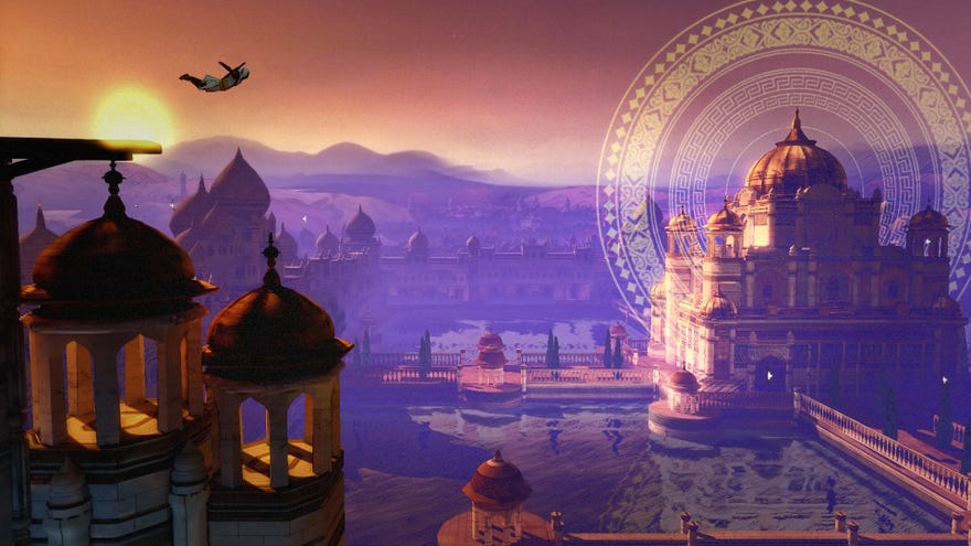 Diving from a rooftop in an Assassin’s Creed Chronicles: India screenshot.