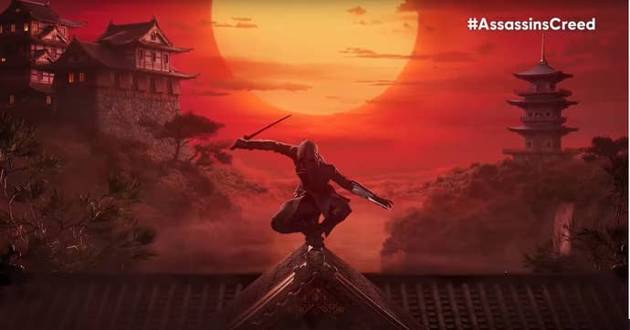 A shinobi crouches and poses on a rooftop in the key art for a future Assassin’s Creed game set in feudal Japan.