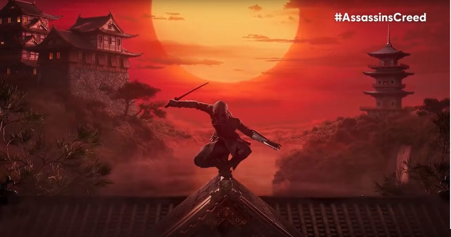 A shinobi crouches and poses on a rooftop in the key art for a future Assassin’s Creed game set in feudal Japan.