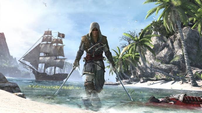 Edward Kenway walks out of the sea holding two swords, leaving behind two dead bodies and a ship in Assassin’s Creed IV: Black Flag