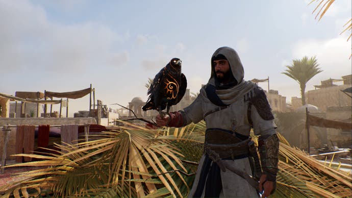 assassins creed mirage Basim holding Enkidu on a rooftop in Baghdad