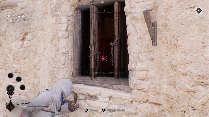 assassins creed mirage a challenge enigma basim aiming knife at lock through window