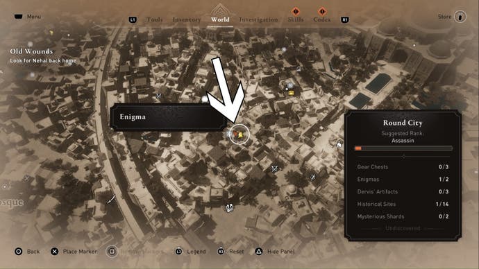 assassins creed mirage, an arrow is pointing to the a gift for you engima clue location on a close up map of the round city.