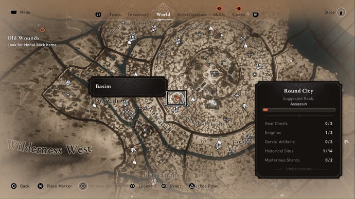 assassins creed mirage, a square is showing the area for a gift for you engima clue on a world map of Baghdad.