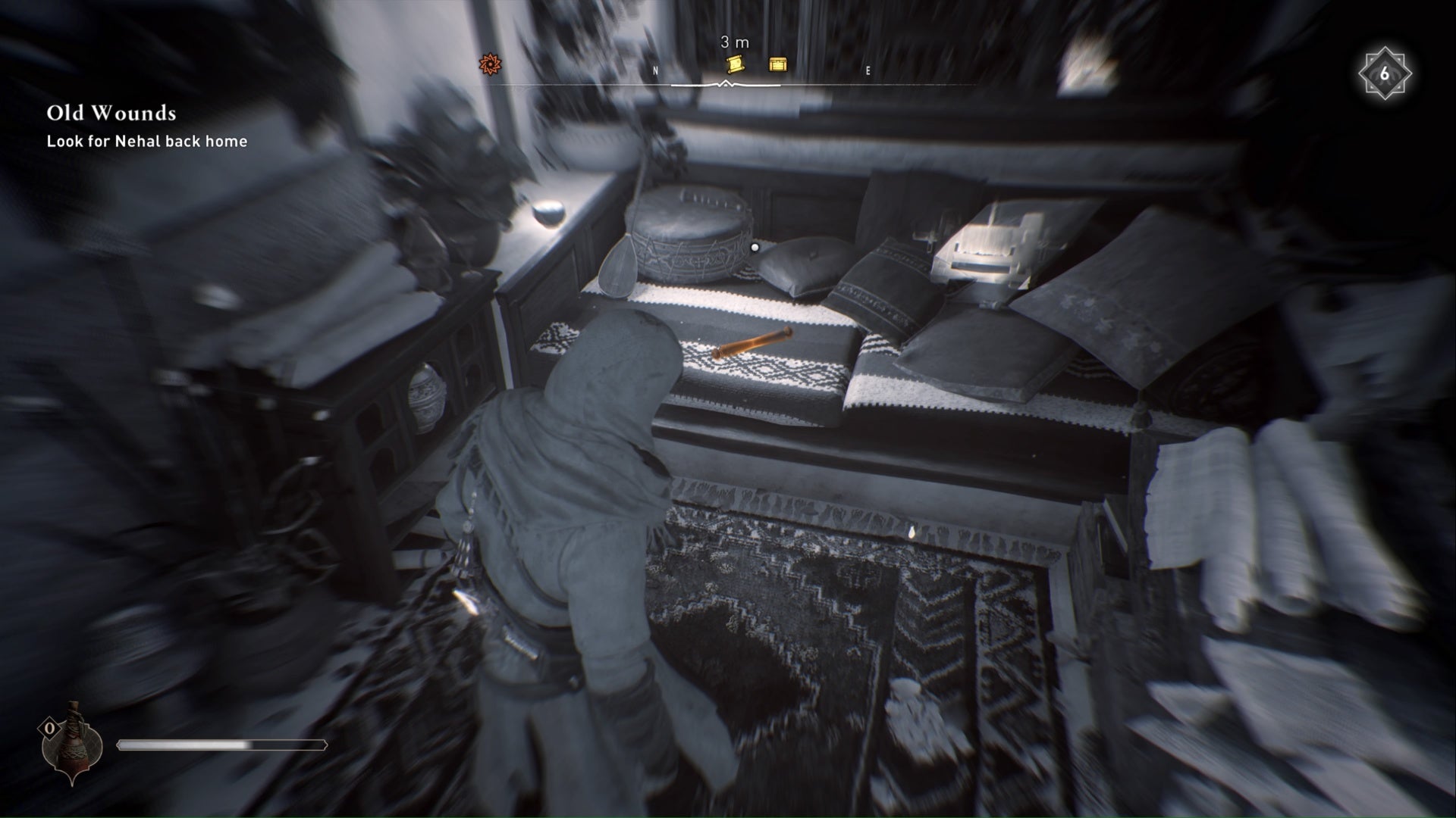 assassins creed mirage, Basim is using Eagle Vision to highlight the a gift for you enigma scroll sitting on a bed.