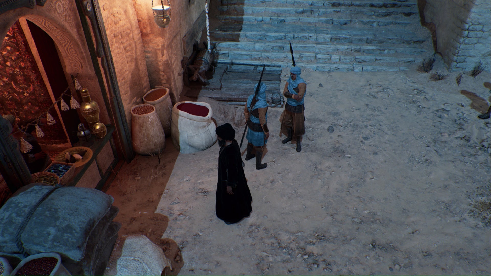 assassins creed mirage a tha&rsquo;abeen is standing with two guards in the round city