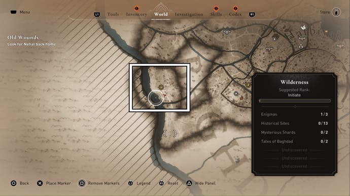 assassins creed mirage, the image shows the abandoned village location on a world map.