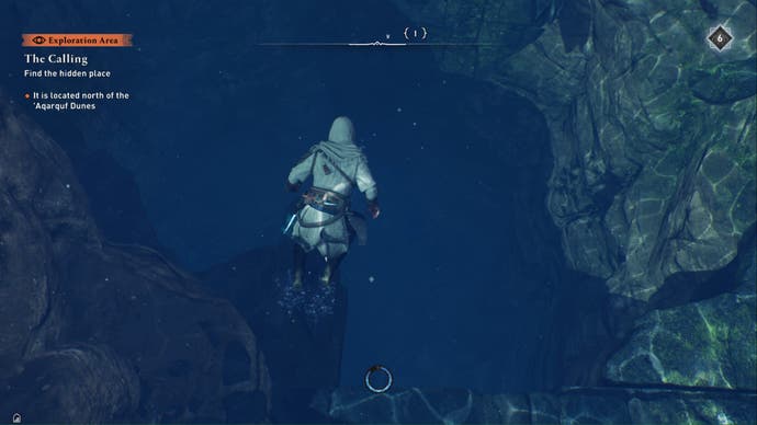 assassins creed mirage basim diving down deep hole in northern oasis