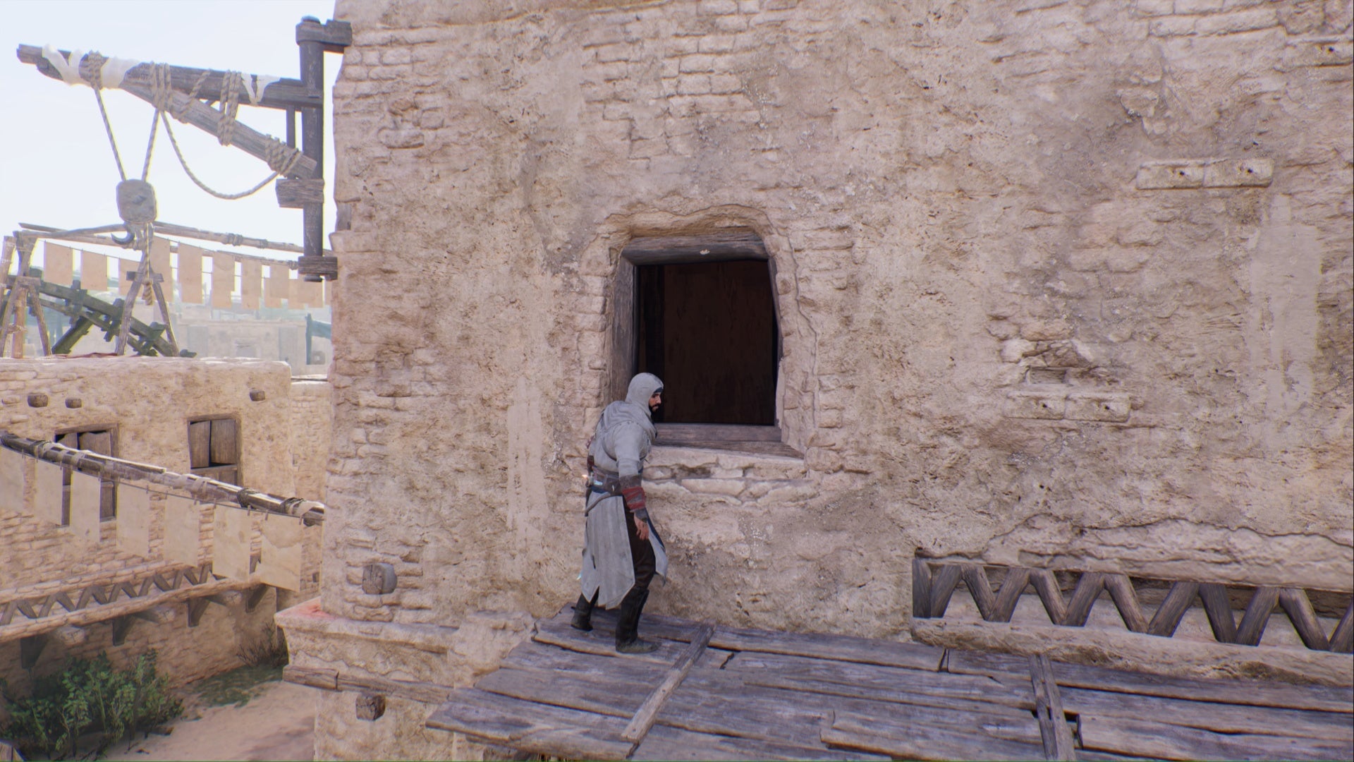 assassins creed mirage basim facing open window for a challenge enigma reward building
