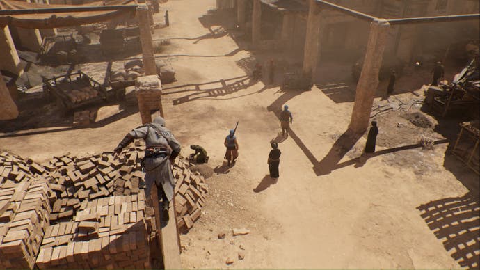 assassins creed mirage basim on rooftop looking down at tha'abeen target in harbiyah