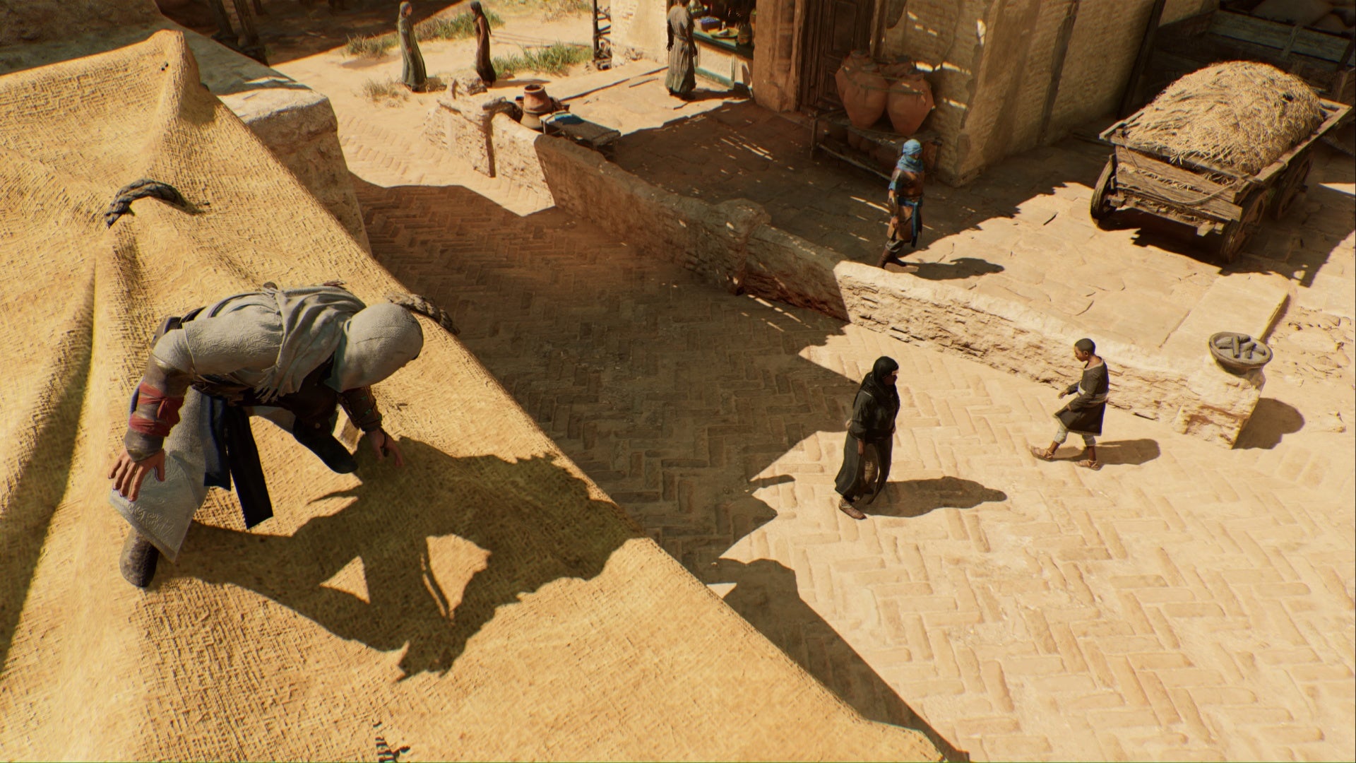 assassins creed mirage basim on stall roof looking down at tha&rsquo;abeen target in karkh