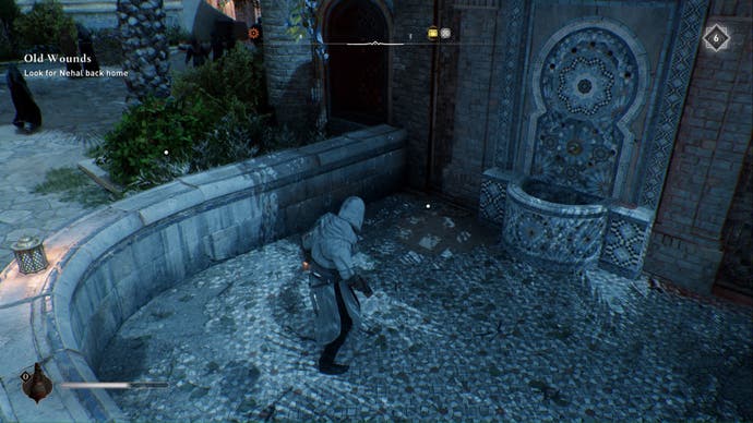 assassins creed mirage, Basim is standing in fountain in mazalim courts looking down at a reward hidden in the floor.