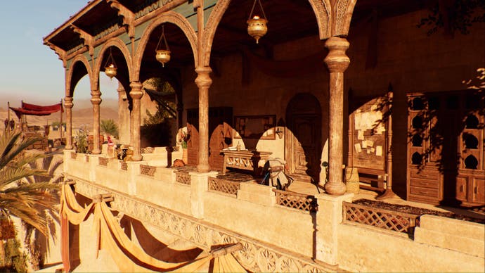 assassins creed mirage, Basim is crouching near a table on the basra gate balcony