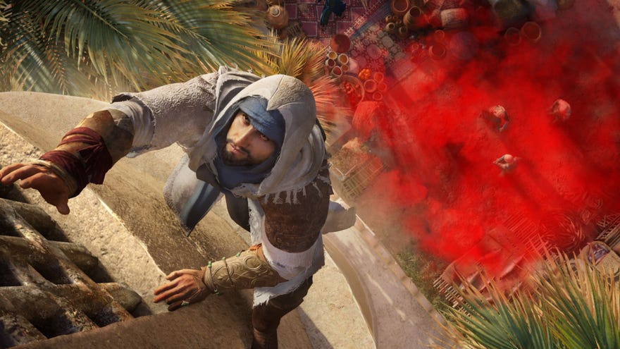 The main character of Assassin’s Creed Mirage, Basim, climbs the side of a building after dropping a red smoke bomb onto the people below.