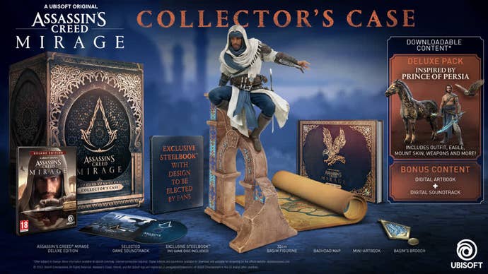 Promotional art for the Assassin’s Creed Mirage Collector’s Case showcasing the contents of the case.