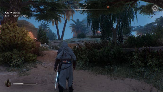 assassins creed mirage, Basim is walking towards the delight by the dome enigma reward area surrounded by trees.