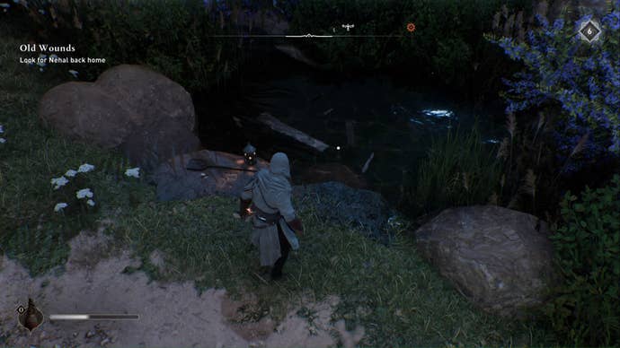 assassins creed mirage, Basim is looking down into some water to find the delight by the dome enigma reward