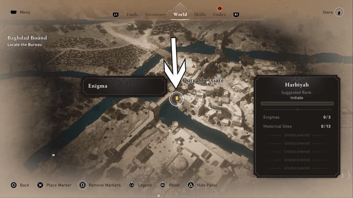 assassins creed mirage, an arrow is pointing to the find what i stole enigma clue location on a detailed map.