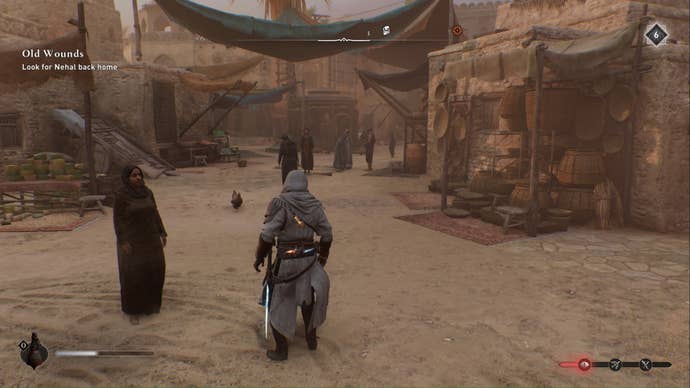 assassins creed mirage, Basim is facing down a road that has a wooden hut in the middle of it in the distance.
