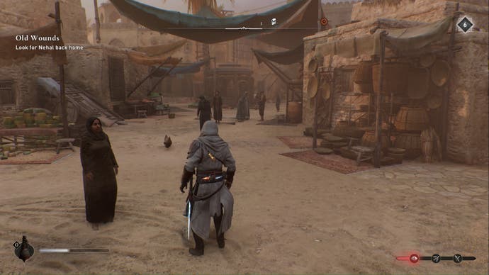 assassins creed mirage, Basim is facing down a road that has a wooden hut in the middle of it in the distance.
