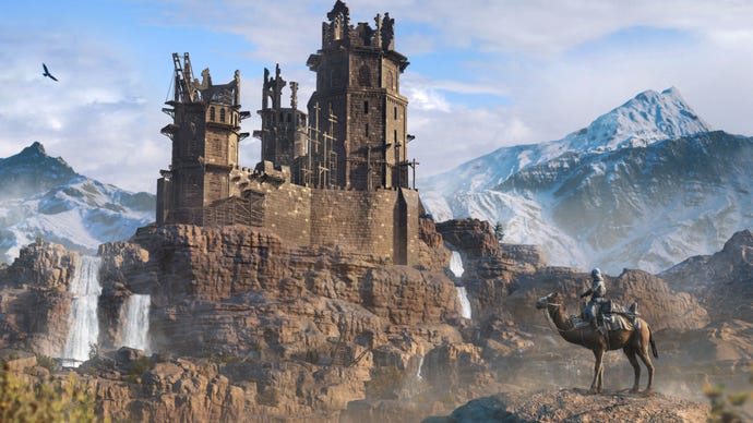 Promotional art of Alamut, the fortress of the Hidden Ones in Assassin’s Creed Mirage, with the main character atop a camel in the foreground.