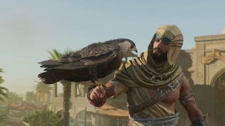 Basim, main character of Assassin's Creed Mirage, looks at his pet eagle perched on his arm (which in this play through is in a falcon skin, but still)