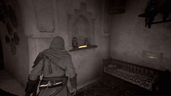 assassins creed mirage, Basim is using his eagle vision to highlight an enigma scroll on a shelf inside a house.
