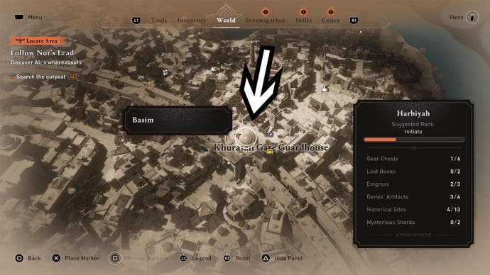 assassins creed mirage, khurasan gate guardhouse gear chest close up map location with arrow pointing to a domed roof.