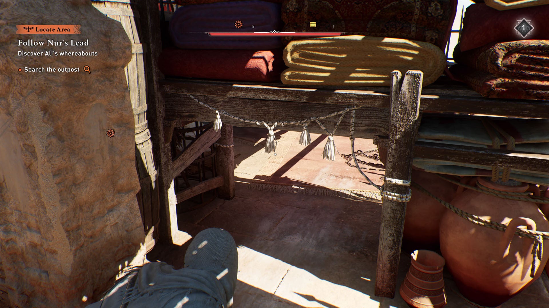 assassins creed mirage khurasan gate guardhouse gear chest puzzle, Basim is crouching by a secret entrance.