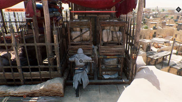 assassins creed mirage khurasan gate guardhouse gear chest puzzle, Basim is pushing first moveable crate on the left.
