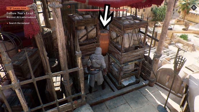 assassins creed mirage khurasan gate guardhouse gear chest puzzle, an arrow is pointing down to a large jar blocking the second crate.