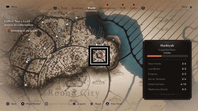 assassins creed mirage, khurasan gate guardhouse gear chest puzzle map location circled on wider world map.