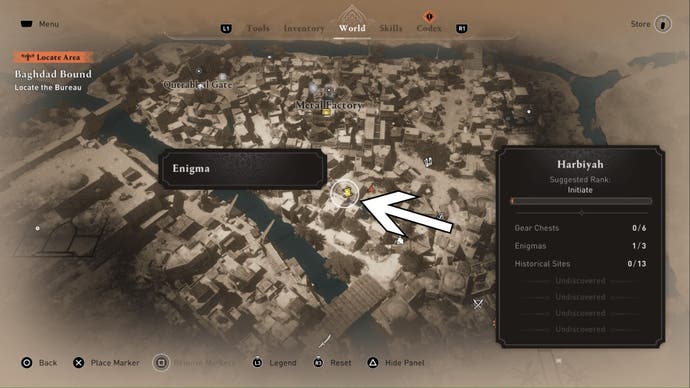 assassins creed mirage, the image shows an arrow pointing to left behind enigma location on a close up map