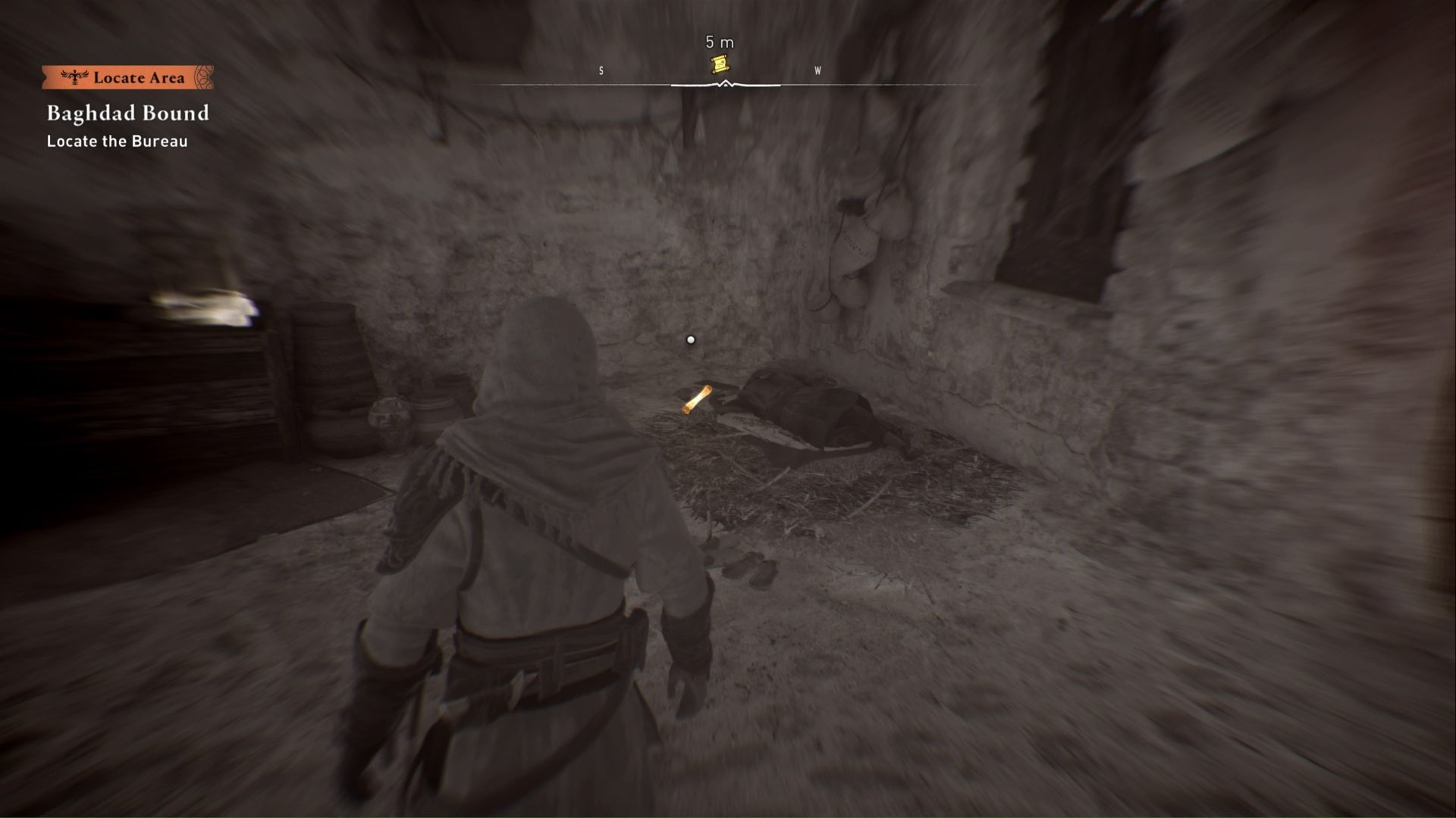 assassins creed mirage, Basim is using Eagle Vision to find the left behind enigma scroll that is on the floor.