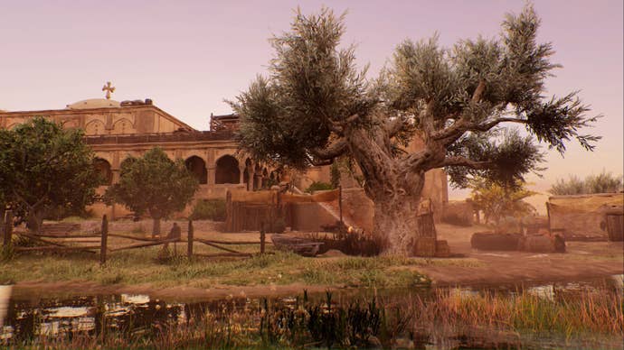 assassins creed mirage, a landscape shop of a large tree outside the Nestorian Monastery.