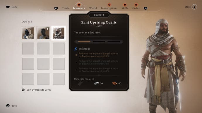 assassins creed mirage outfit inventory menu for zanj uprising outfit