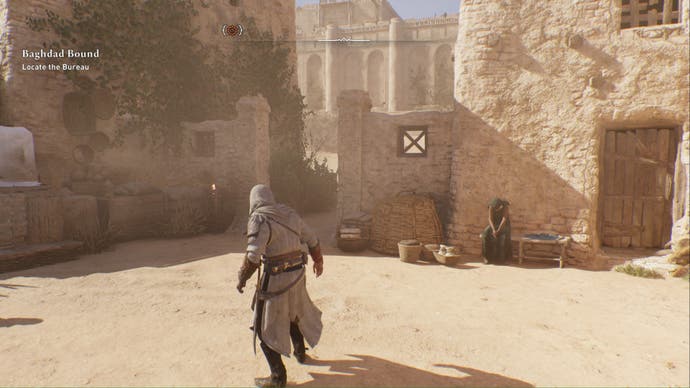 assassins creed mirage, Basim is facing a pathway between two small pillars that leads to a river.