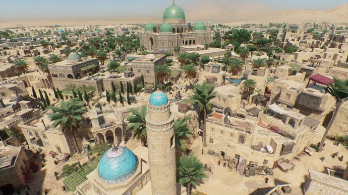 Basim syncs with the city of Baghdad as he perches on top of a minaret tower in Assassin's Creed Mirage