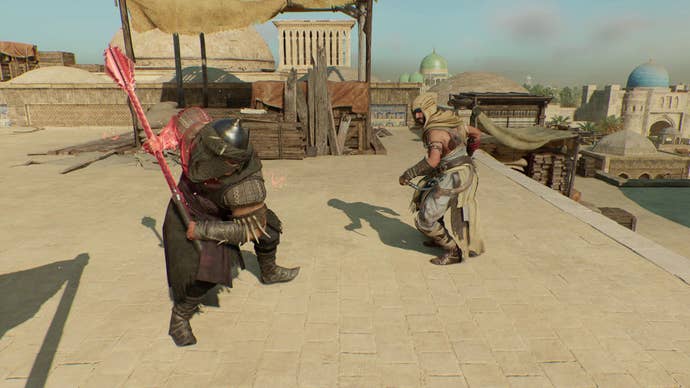 Basim in a fight with a big, heavily armoured enemy, on a rooftop, in Assassin’s Creed Mirage