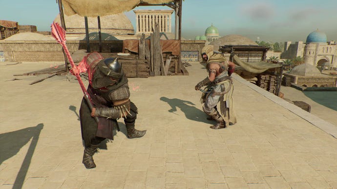 Basim in a fight with a big, heavily armoured enemy, on a rooftop, in Assassin's Creed Mirage