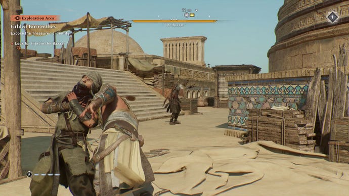 Basim throws a knife at an enemy in the distance, as one he's just assassinated dies beside him, in Assassin's Creed Mirage