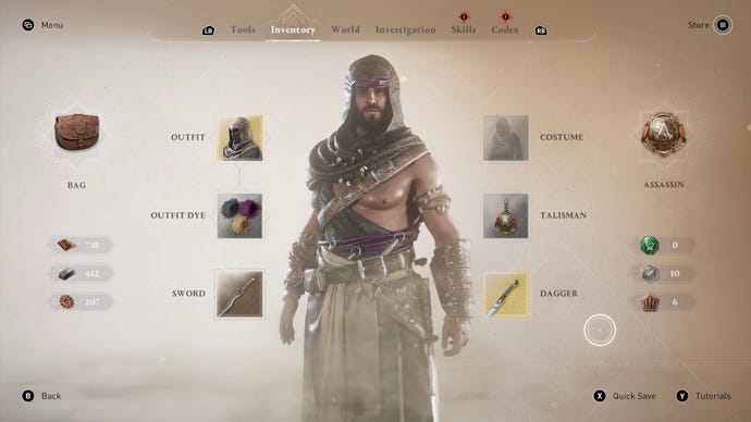 The menu screen showing Basim's gear in Assassin's Creed Mirage